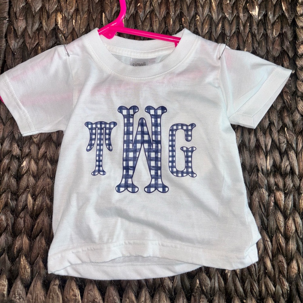 White Kids Tee with Blue Gingham Monogram tWg